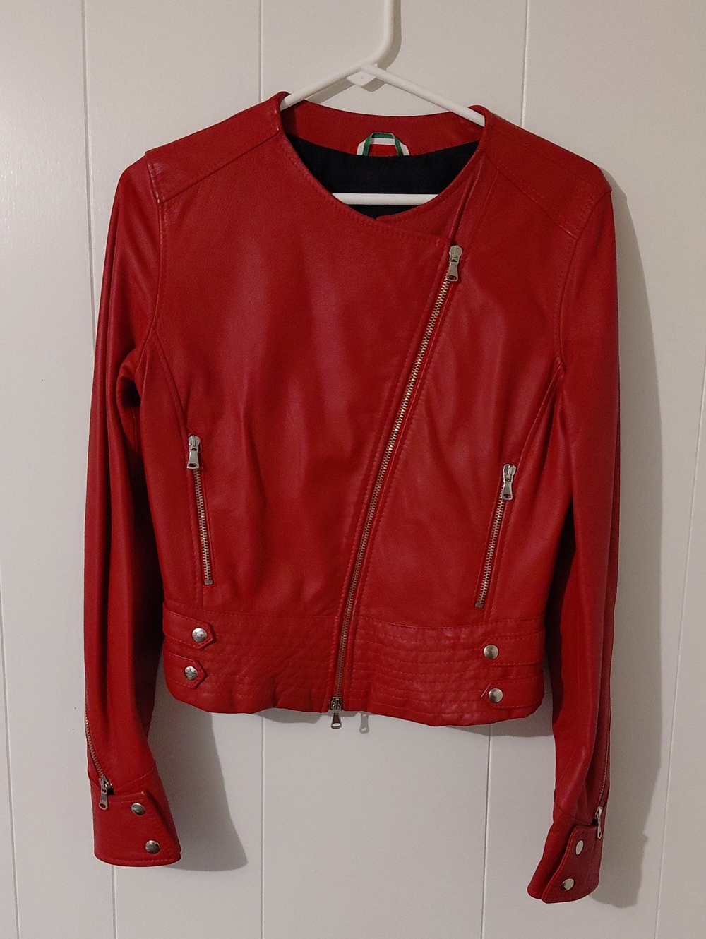 Red Asymmetrical Zip Women's Leather Jacket